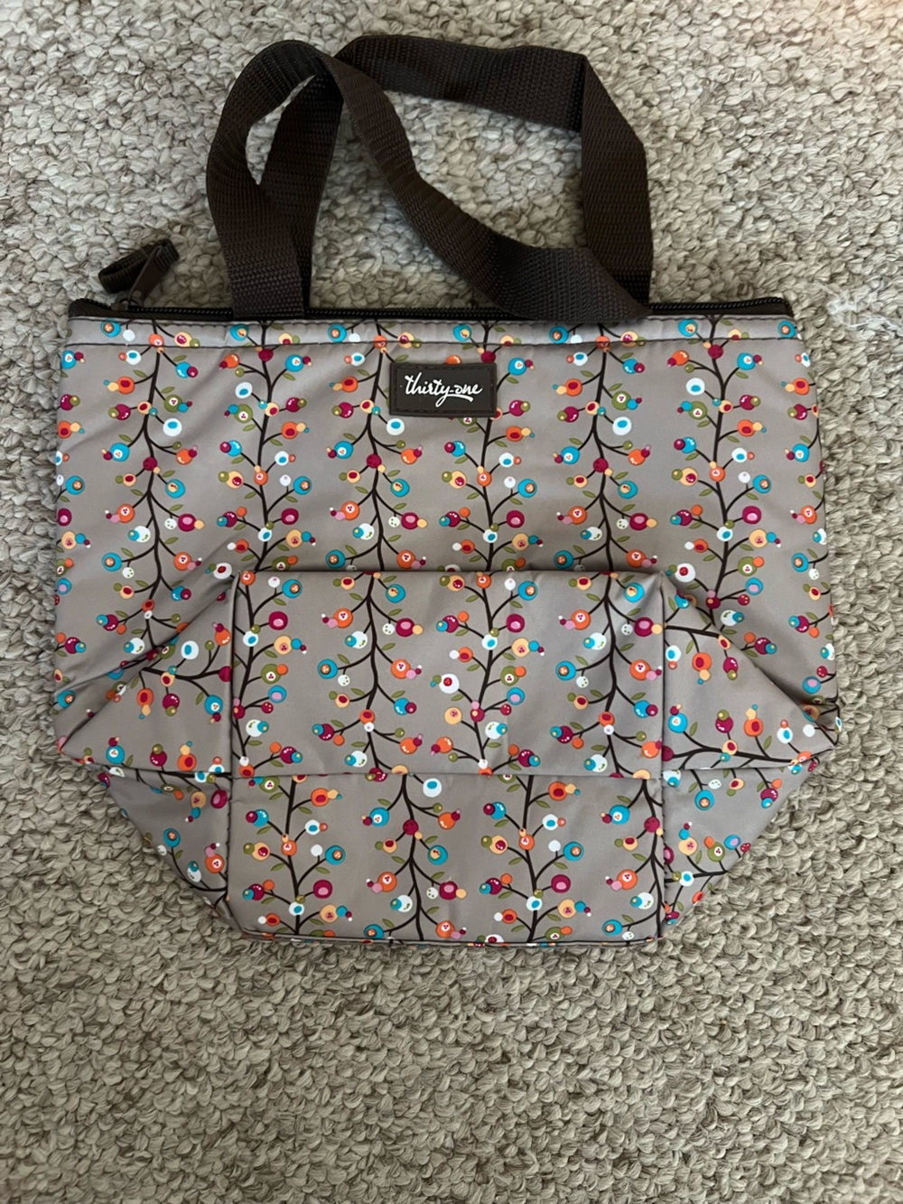 Thirty-One Lily Bloom Taupe Thermal Lunch Bag  with Multicolor Dot Branch Print